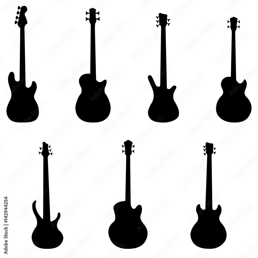 Silhouettes of bass guitars vector set - obrazy, fototapety, plakaty 