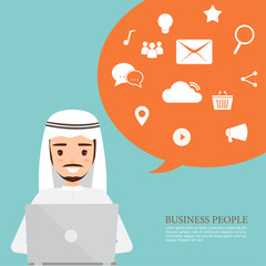 Wall Mural - arab man working with computer to communication infographic. vector people flat design.