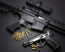 Assault Rifle With Handgun And Ammunition. Military Weapon