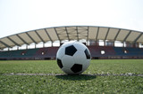 Fototapeta Sport - soccer ball on stadium grass line.