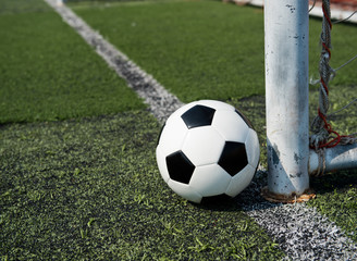 Wall Mural - soccer ball on stadium grass line.