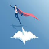 Fototapeta Zachód słońca - Isometric businessman superhero flies up and leaves a cloud of dust. Super worker in the red robe takes off. Business concept's power and uniqueness