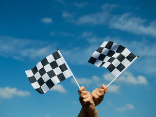 checkered race flag in hand.