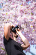 A photographer takes pictures of a cherry blossom