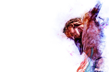 Jesus Christ on the cross. Artistic abstract religious background illustration with copy space for text.