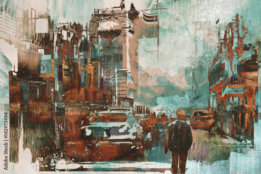 man walking in city street with abstract painting texture, illustration art - obrazy, fototapety, plakaty 