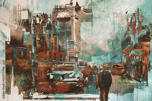 Naklejka dekoracyjna man walking in city street with abstract painting texture, illustration art