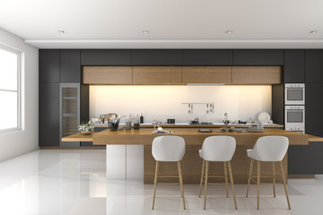 3d rendering modern black kitchen with wood decor