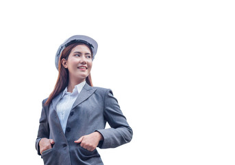 Wall Mural - Portrait of beautiful young engineer woman wear a white safety helmet smiling with commitment to success on white isolated background