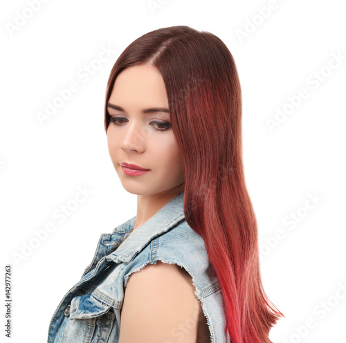 Beautiful Young Woman With Dyed Hair On White Background Buy