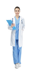 Poster - Beautiful young doctor on white background