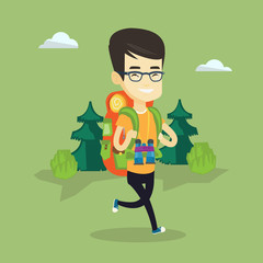 Poster - Man with backpack hiking vector illustration.