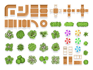 Sticker - Top view landscaping architecture city park plan vector symbols, wooden benches and trees