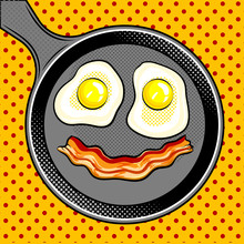 Fried Eggs Bacon Looks Like Smile Pop Art Vector