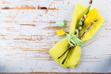 Wall Mural - Easter table setting with fluffy willow and tulips