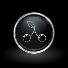 Wall Mural - dessert cherries symbol with cherry icon inside round chrome silver and black button emblem on black
