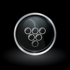 Wall Mural - fruit symbol with grape cluster icon inside round chrome silver and black button emblem on black bac