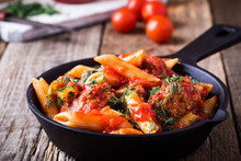 Meatball With Penne Pasta With Spicy Red Sauce