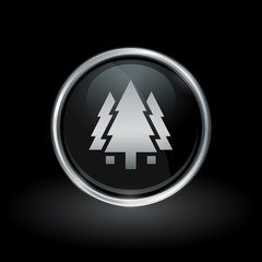 Wall Mural - forest symbol with trees icon inside round chrome silver and black button emblem on black background