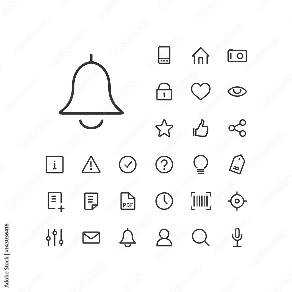 Bell icon in set on the white background. Universal linear icons to use ...