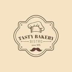 Vintage tasty bakery logo. Hipster pastry icon. Biscuit sign. Desert typographic poster. Vector cook cap label.