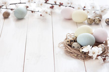 Colored Chicken And Quail Eggs With Flowers On A White Wooden Background. The Concept Of The Holiday Of Easter.