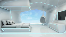 Bedroom Scifi In White Space Blue Light Pool Take A View Sky -3D Render