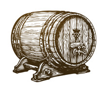 Hand Drawn Wooden Wine Cask. Drink, Oak Barrel Sketch. Vintage Vector Illustration