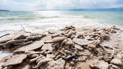 Poster - natural salt on coastline of Dead Sea in winter