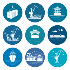 Wall Mural - Ocean Freight Transportation Services, Set of Marine Freight Transportation Icons,Vector Illustration