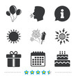 Birthday party icons. Cake and gift box symbol.