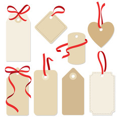 Set of blank vintage frames, gift tags, labels with ribbons.