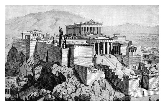 xix century engraving describing how could have been the acropolis of athens in the antique times, n