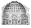The interior of the Pantheon in Rome, former Roman temple, now a church, with the rotunda undera  coffered concrete dome, with a central opening to the sky.XIX century engraving