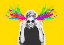 Magazine Style Collage Headshot Portrait Of Rocky Emotional Woman Blow Mind With Finger Gun Gesture, Brain Explosion Of Colors. Mind Brain Blowing Concept. Fun Fashion Blonde Girl In Rock Sunglasses.