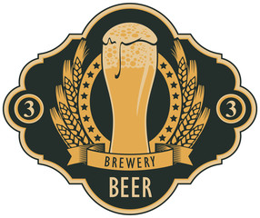 Wall Mural - template vector beer label with glass of beer, coat of arms, ears of wheat and ribbon in retro style