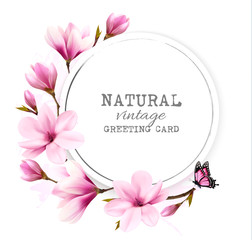 Poster - Natural vintage greeting card with pink magnolia. Vector.