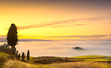 Volterra Fog And Sea Of Clouds, Rolling Hills Panorama On Sunset. Tuscany, Italy