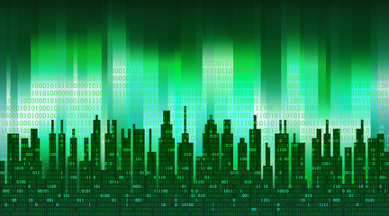 Canvas Print - The digital city. Binary data in the cloud over an abstract skyline, green high-tech background