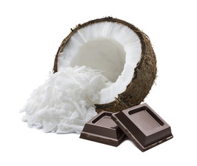 Wall Mural - coconut shredded chocolate squares isolated on white background