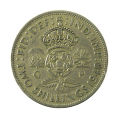 2 british shillings coin (1948) obverse isolated on white background