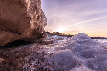 Wall Mural -  Winter landscape. Coast line. Sea covered blocks of ice.