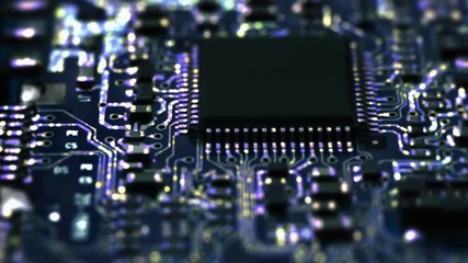 Circuit Board / Processor Chips / Data Streams. Macro tracking over circuit board with conceptual image of the green-blue electrical signals flowing in electrical conductors.