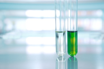 Wall Mural - green and water of two test tube in science laboratory