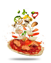 Flying Ingredients With Pizza Dough, On White Background
