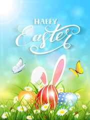 Poster - Blue background with rabbit and three Easter eggs in grass