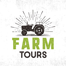 Farm Tours Logo With Tractor And Sunbursts. Retro Style. Black And Green Colors. Isolated On White Background