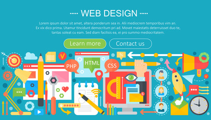 Aufkleber - Web design flat concept. Programming apps infographics template header design. Vector illustration.