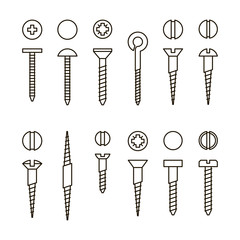 Vector screws nails and wall plugs icon collection. Nuts line set. Constructor elements illustration. Repair bolt silhouettes. Building tools symbols.