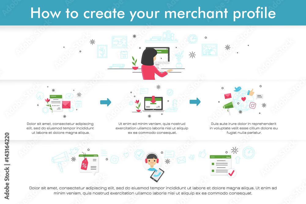 Infographic about how to create merchant profile. Flat line design ...
